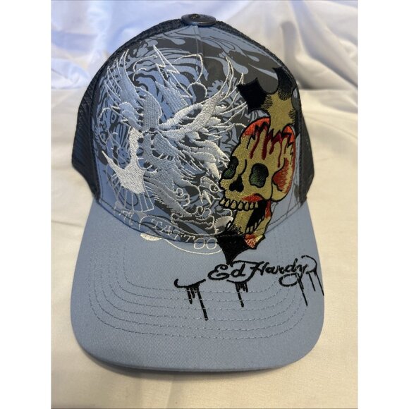 Ed Hardy Trucker Hat Embroidered Tattoo Eagle Skull Blue Mesh Snapback Cap New - Picture 1 of 15